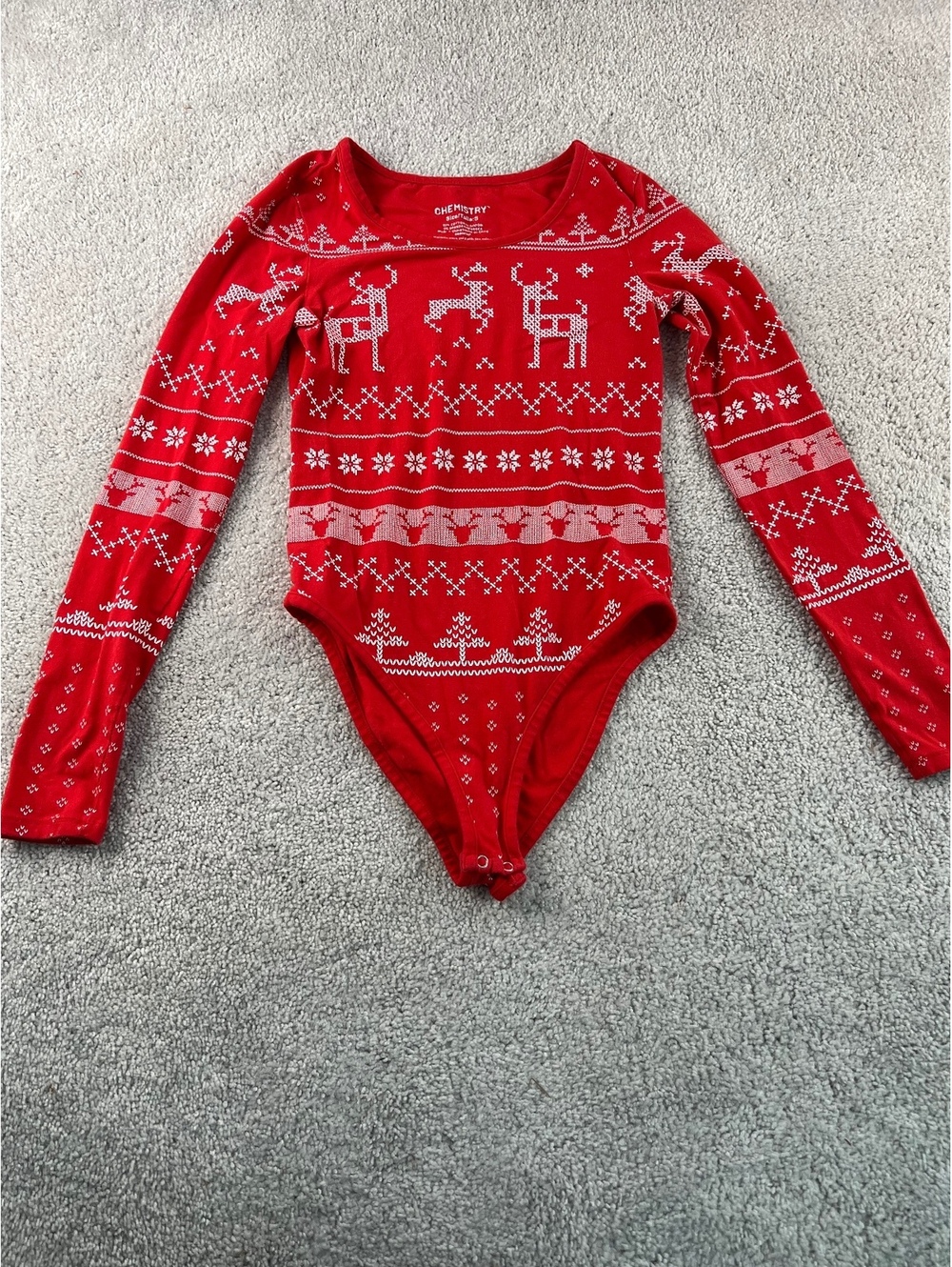 Chemistry Red Christmas Fair Isle Reindeer Long Sleeve Bodysuit Size S